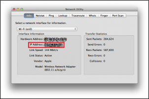 Mac 네트워크 유틸리티 > 정보탭에서 IP Address